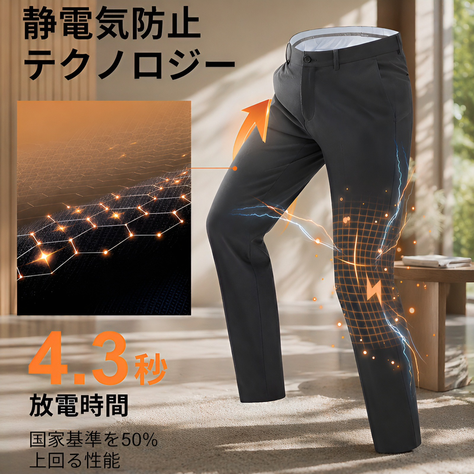 メンズノーアイロンアイスシルクストレッチスラックス