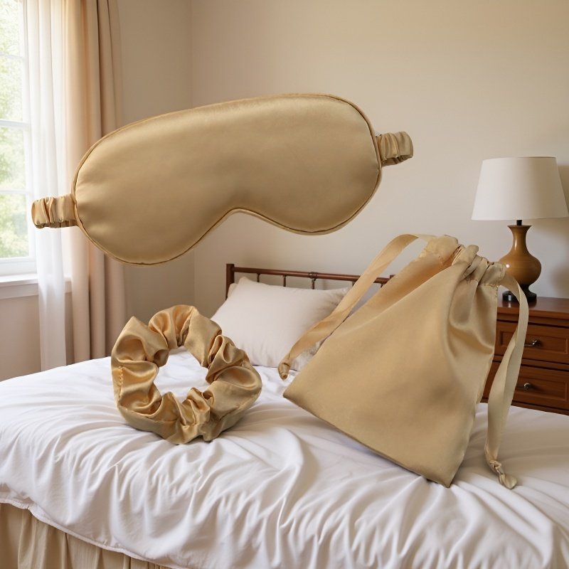 Sada tří kusů - maska na spaní z imitace hedvábí s úložným pytlíkem, vhodná na cestování