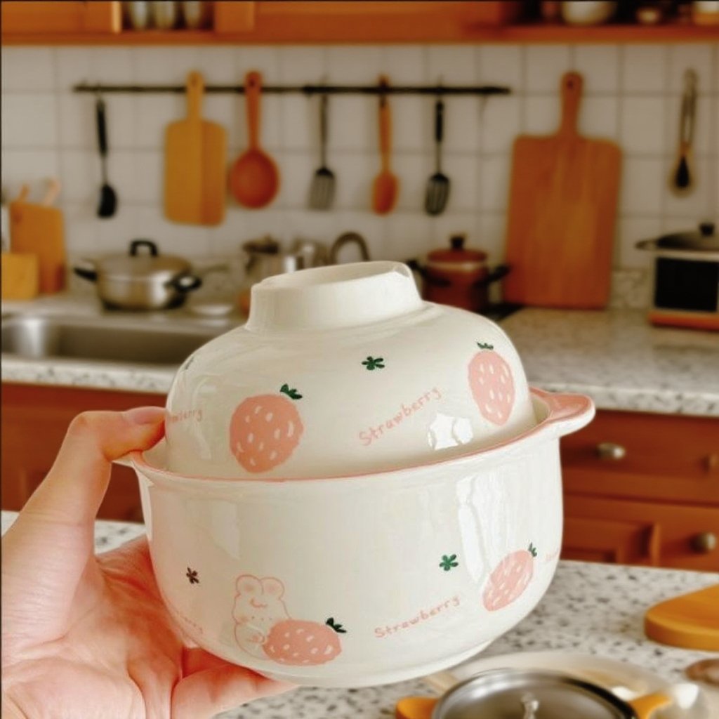 뚜껑과 손잡이 두 개가 달린 귀여운 세라믹 그릇