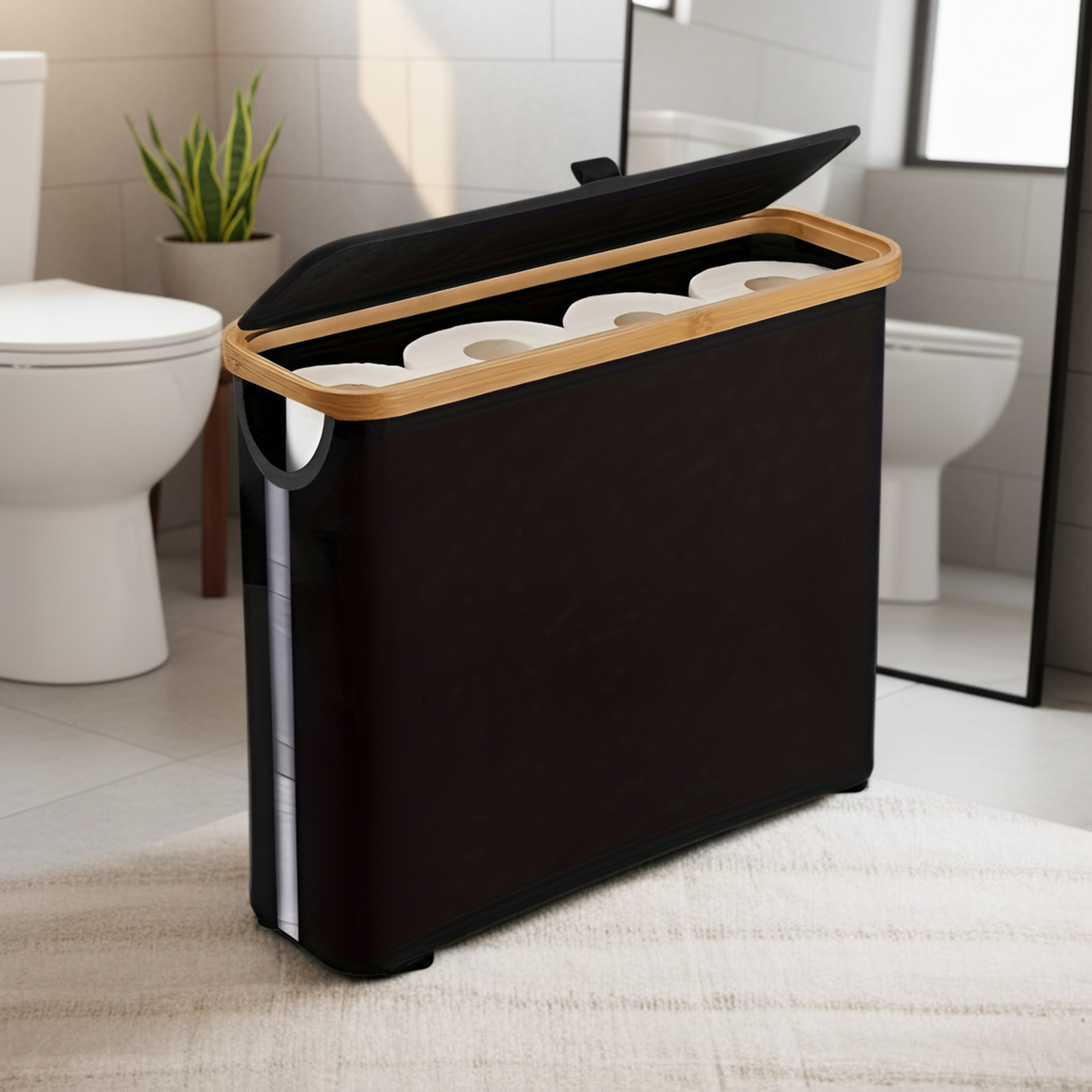 Bathroom toilet paper storage basket with tissue rolls