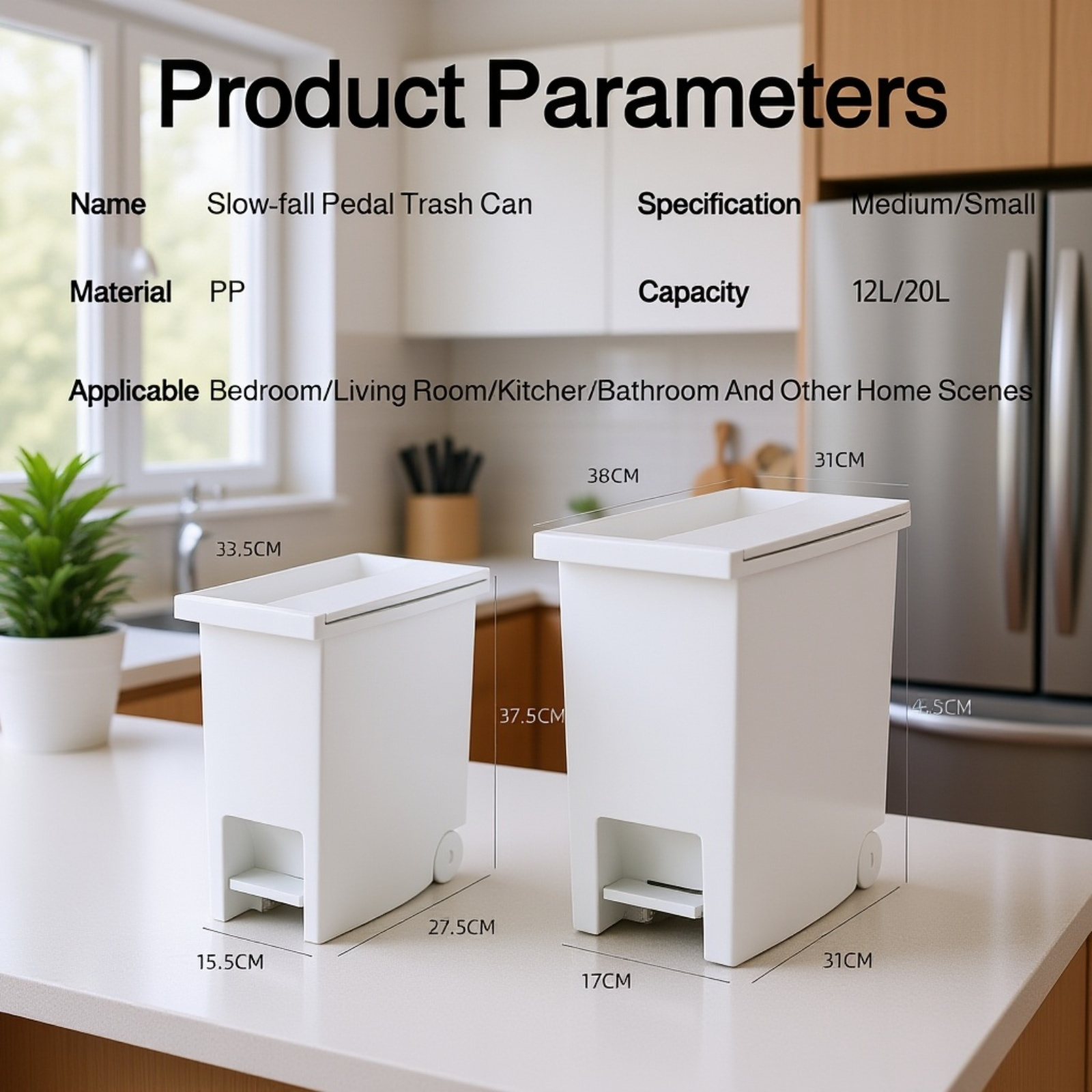 Large Silent Pedal Trash Can for Kitchen & Living Room