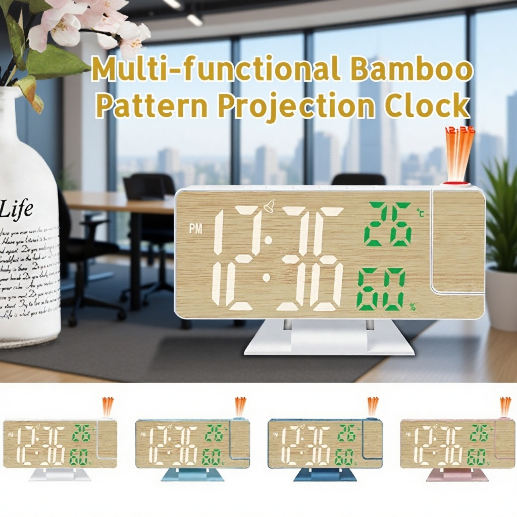 Multifunctional Wooden LED Projection Alarm Clock with Temperature and Humidity Display