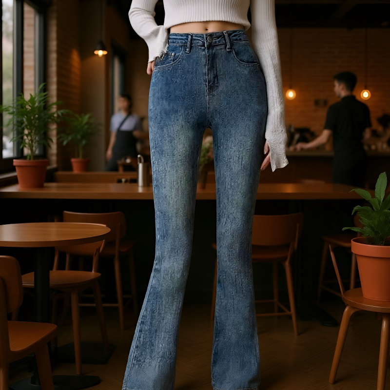 여성 하이웨스트 조거 스판 슬림핏 데님 팬츠 봄 퍼플레어 데님 팬츠