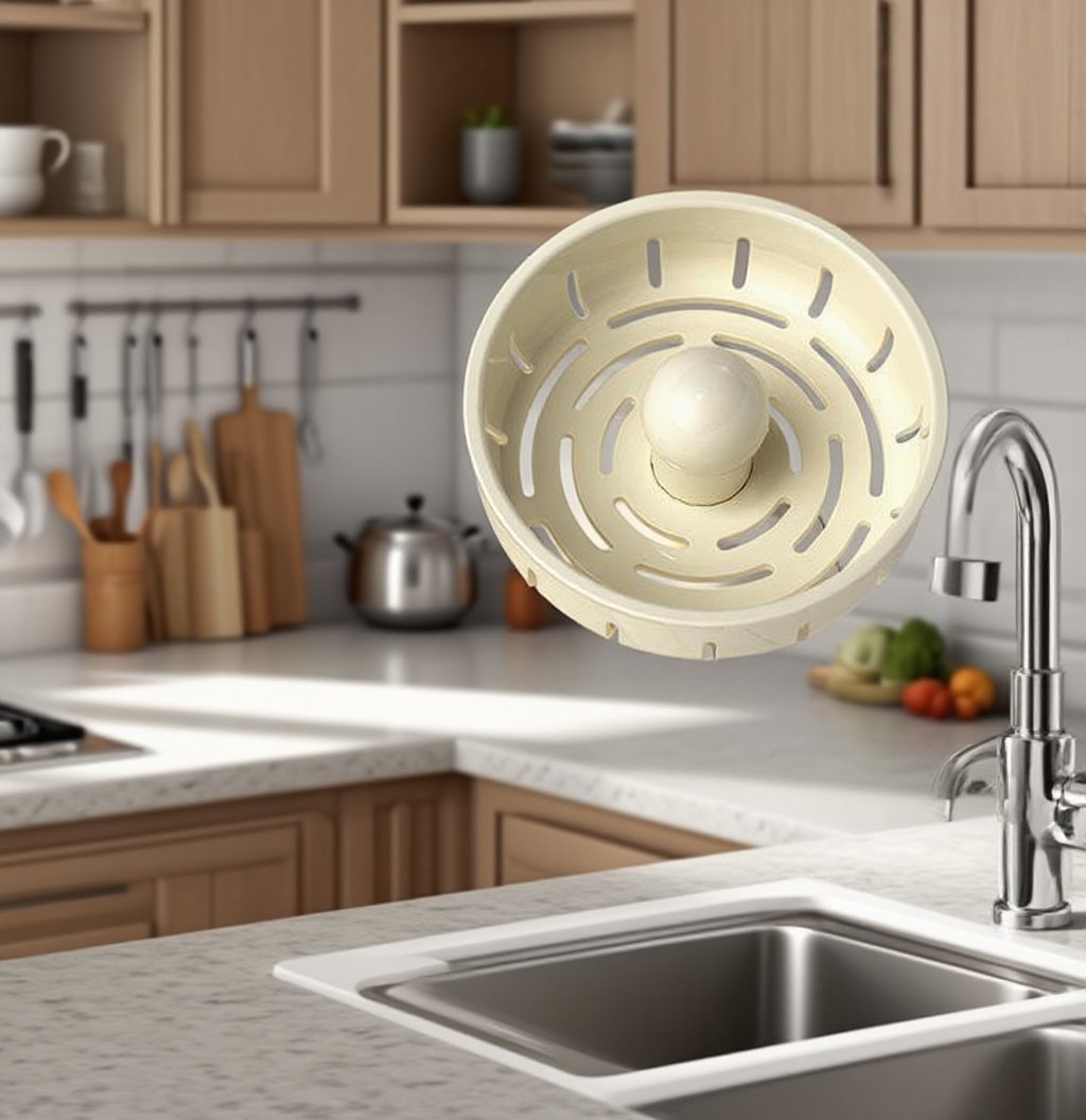 다기능 싱크대 필터로 음식물 쓰레기 거르는 장면