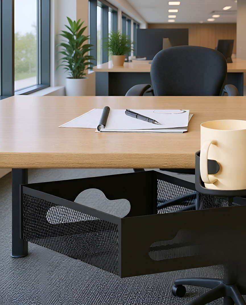 Under-desk cable management rack, no-drill mesh basket cable organizer, power strip holder, under-de