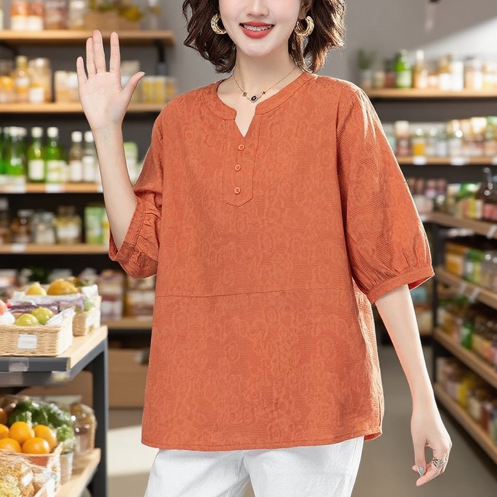 귀부인 중년 여성 엄마 반팔 블라우스 여 칼라 고급 린넨 덧장 빅 사이즈 면 마 상의 여름