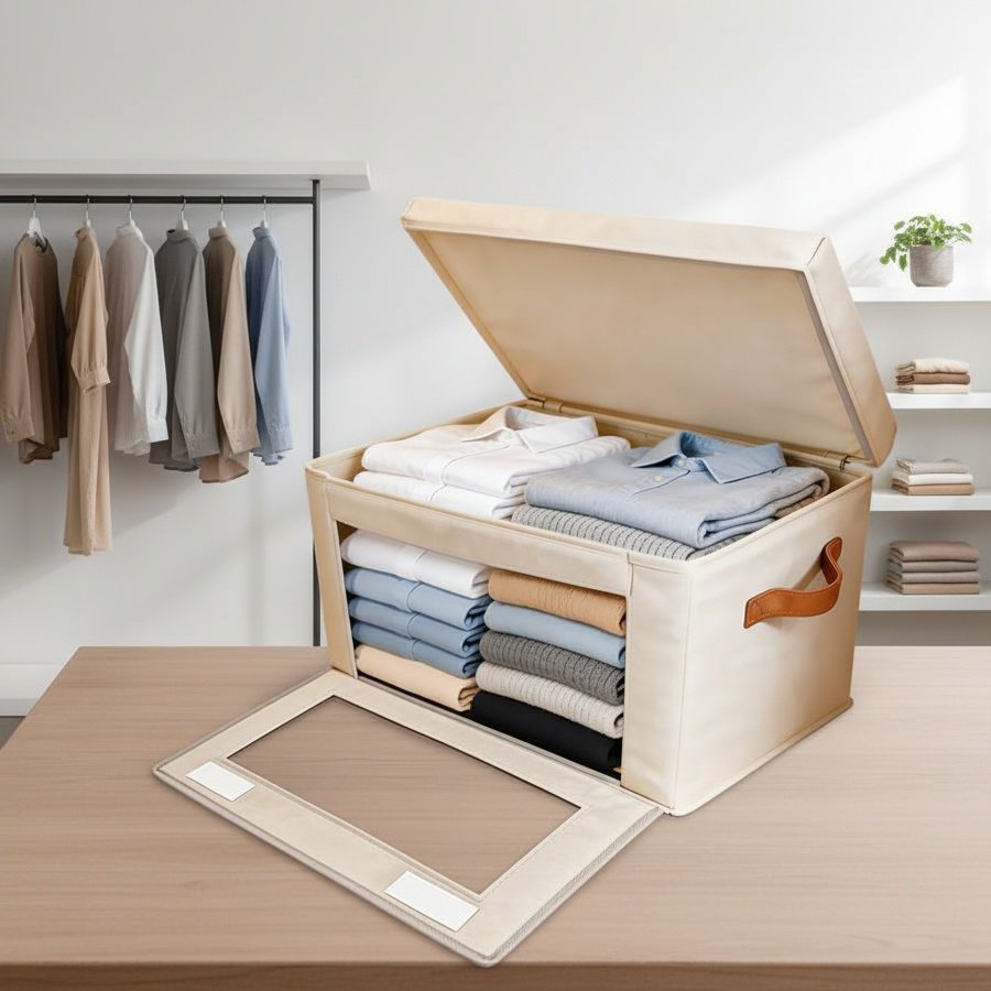 Folding Storage Box with Lid and Transparent Side Window, Wardrobe Organizer