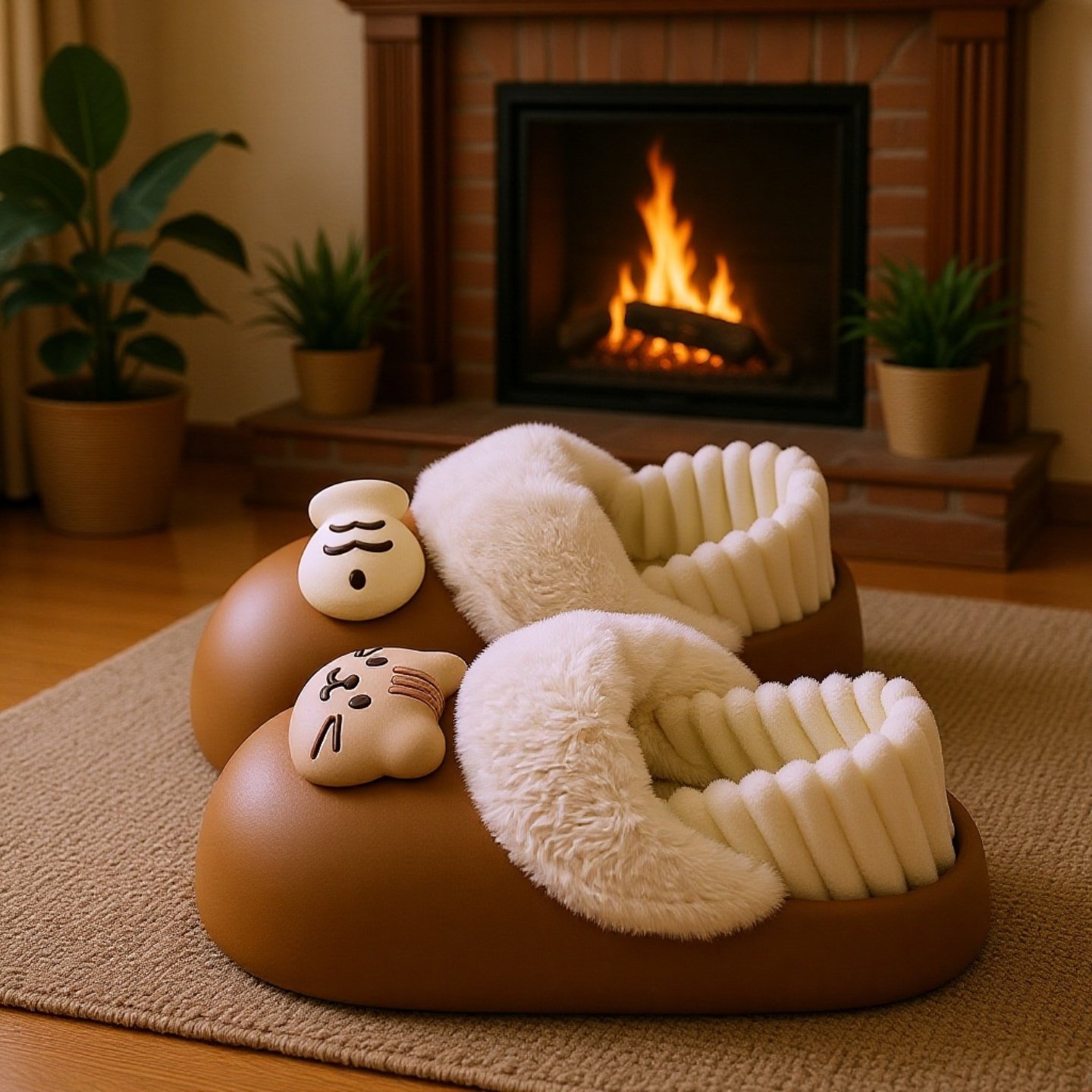 室内外両用猫デザインモコモコスリッパ 滑り止め加工