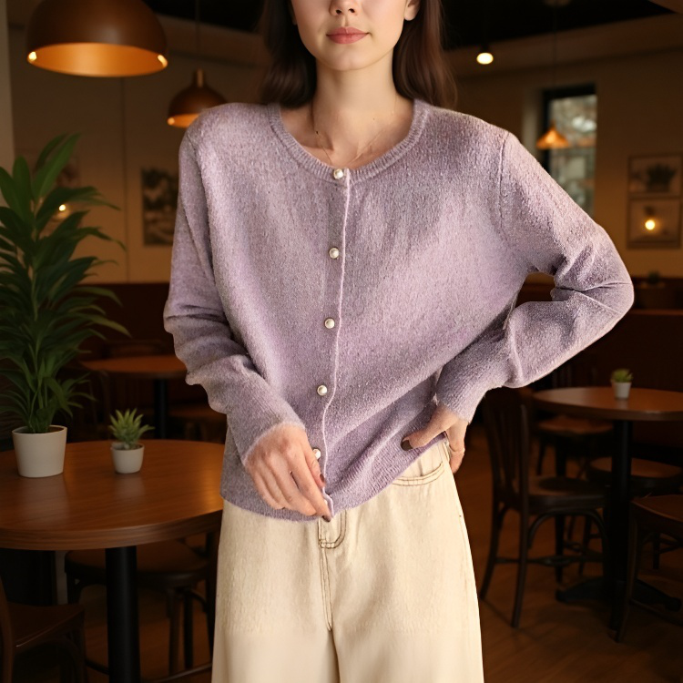 여성 니트 가디건 긴팔 솔리드 상의 진주 버클 여성 봄가을 라운드 니트 가디건 부드러운 니트 코트