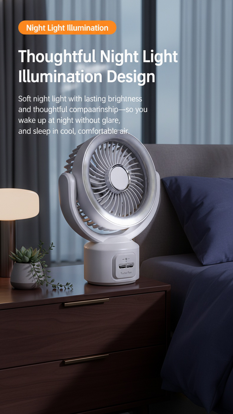 Compact USB fan with night light for workspace