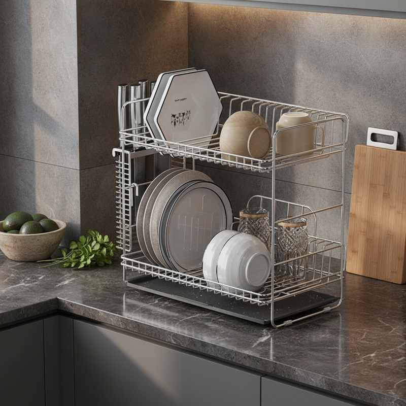 double layer dish organizer for efficient kitchen storage