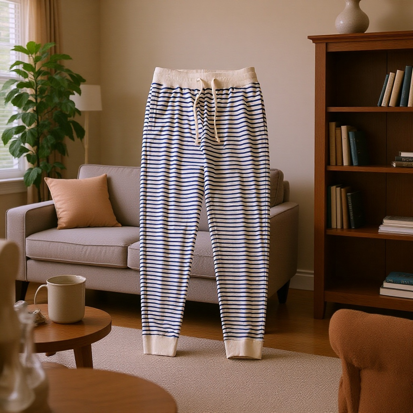 300g厚手コットン製スウェットパンツ・マリンボーダー・ヴィンテージメンズ・ゆったりジョガーパンツ