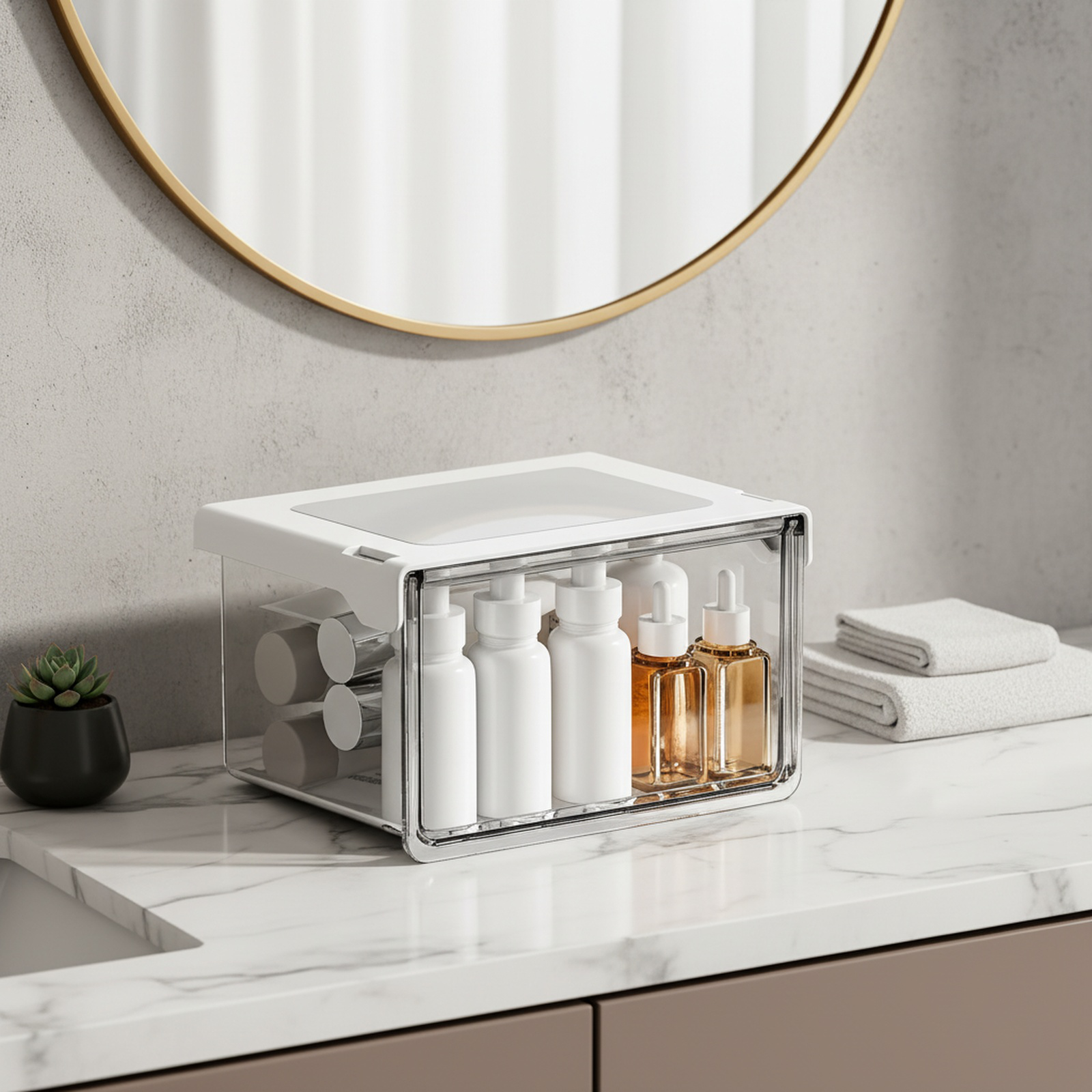 33°の傾斜角度で出し入れしやすいテーブル下収納ボックス。シンプルで透明な引き出し式で、オフィス、トイレ、洗面台、バスルームなどに最適な防水収納ボックスです。