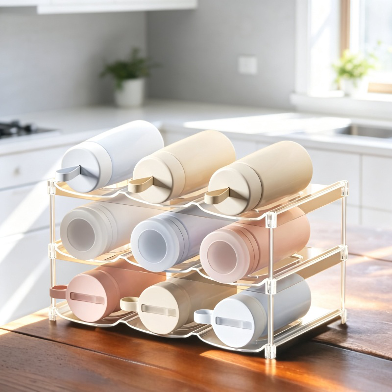 Soporte transparente multifuncional para vasos de agua en cocina moderna