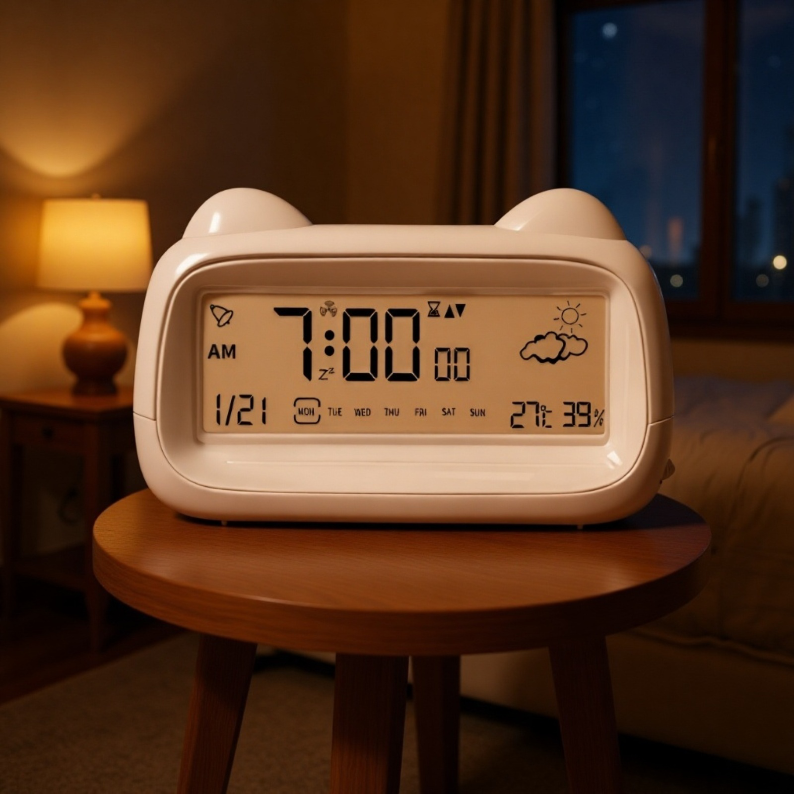 猫のイラストが入ったアラームクロックの詳細機能説明