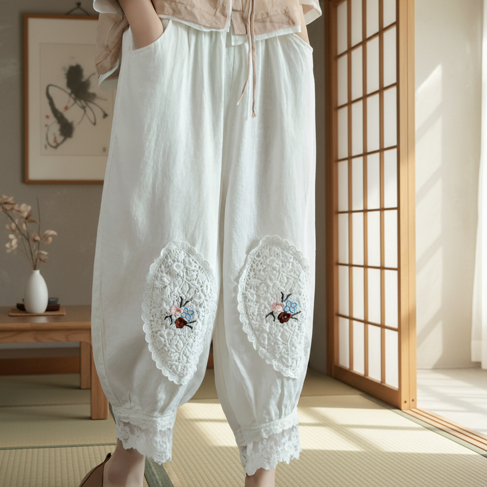 レース刺繍入りコットンリネンランタンパンツ（女性用）