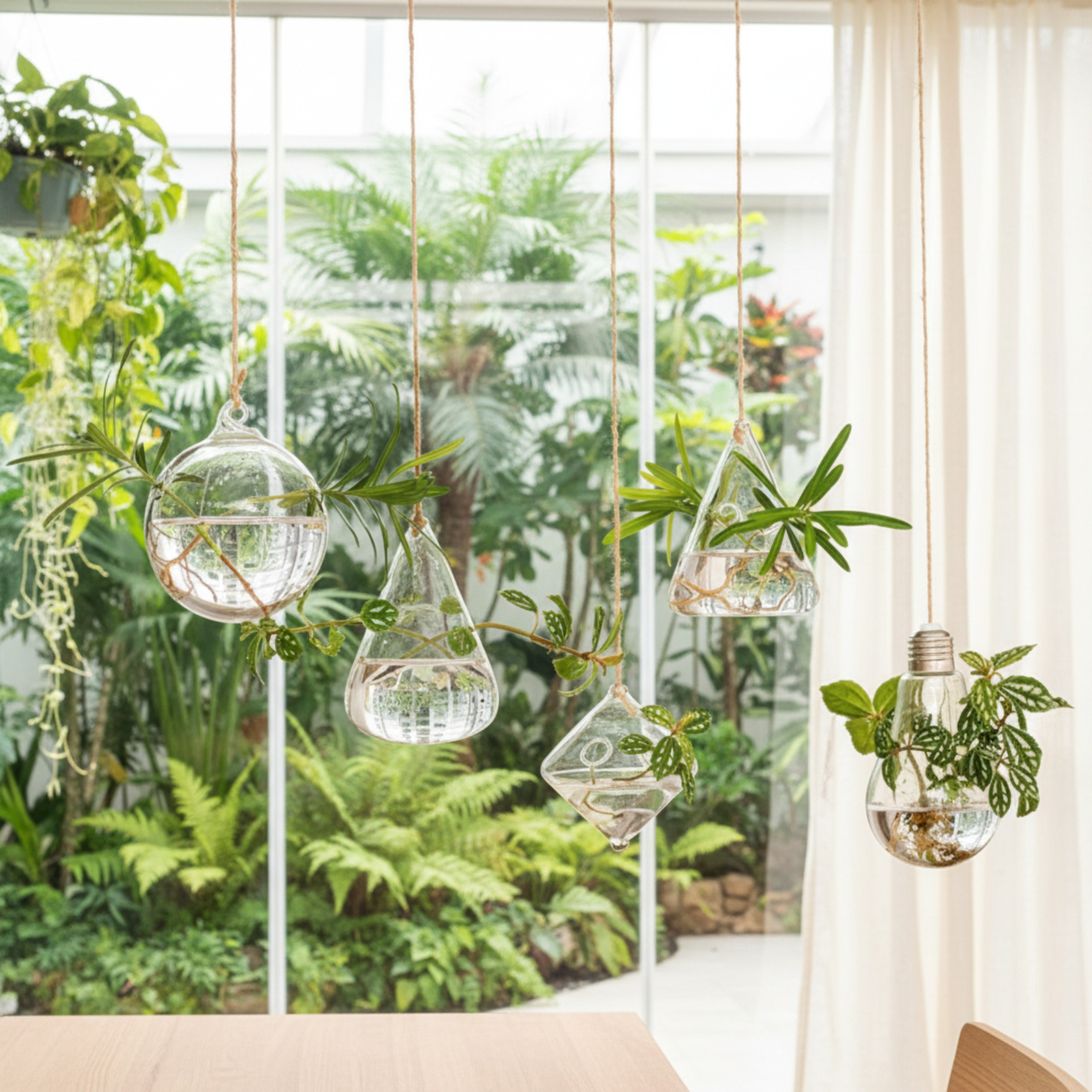 Idée de décoration avec récipient suspendu et plantes vertes