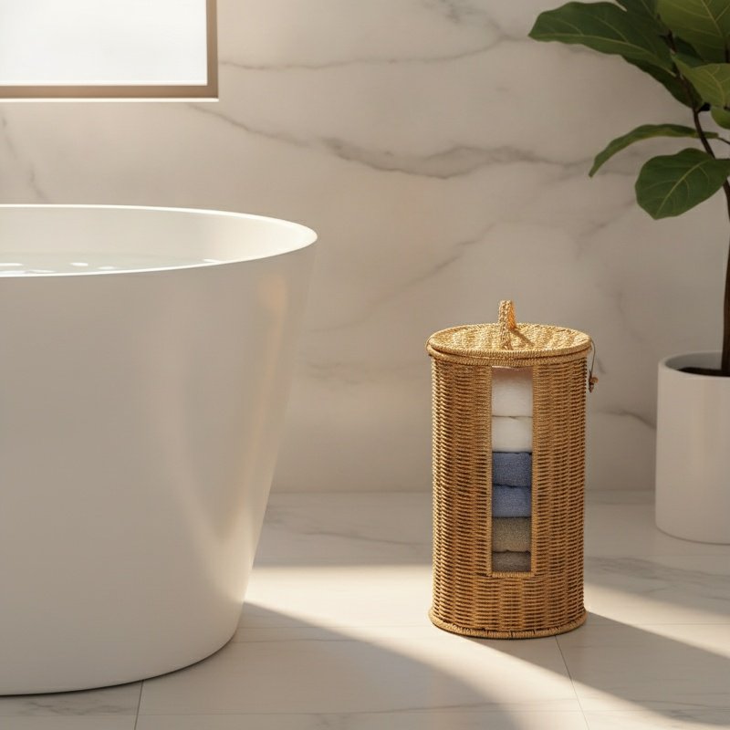 Lidded Imitation Rattan Storage Barrel Hotel Homestay Bathroom Towel Basket