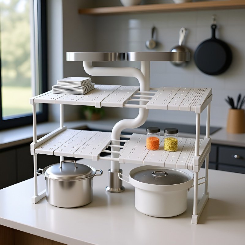 رف تخزين قابل للتوسيع تحت الحوض للمطبخ، رف تقسيم متعدد الوظائف لتخزين الخزانة 