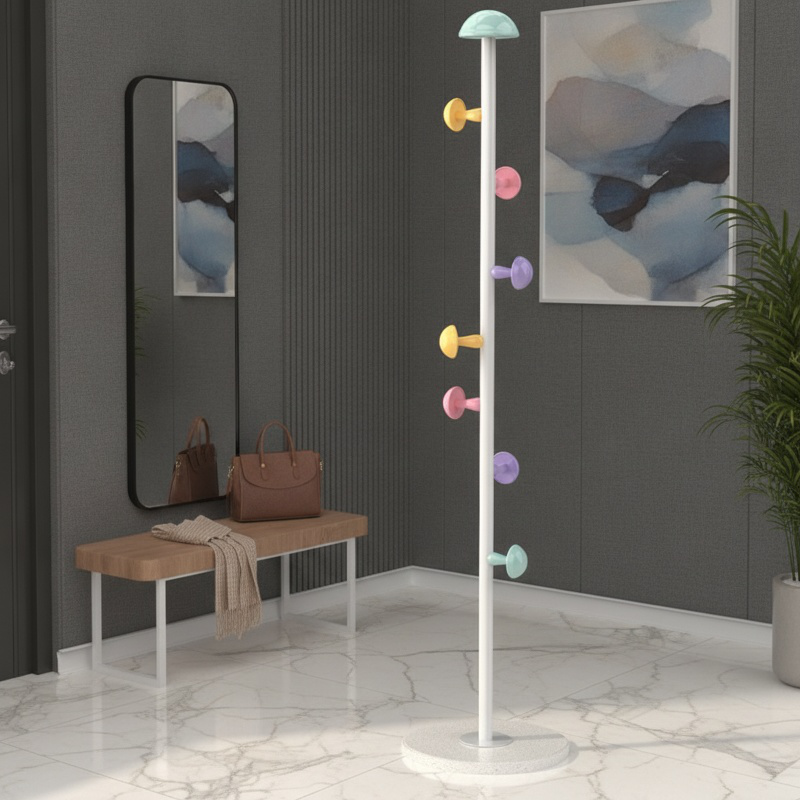 Close-up of Mushroom Shaped Coat Rack Hooks and Durable Wooden Structure