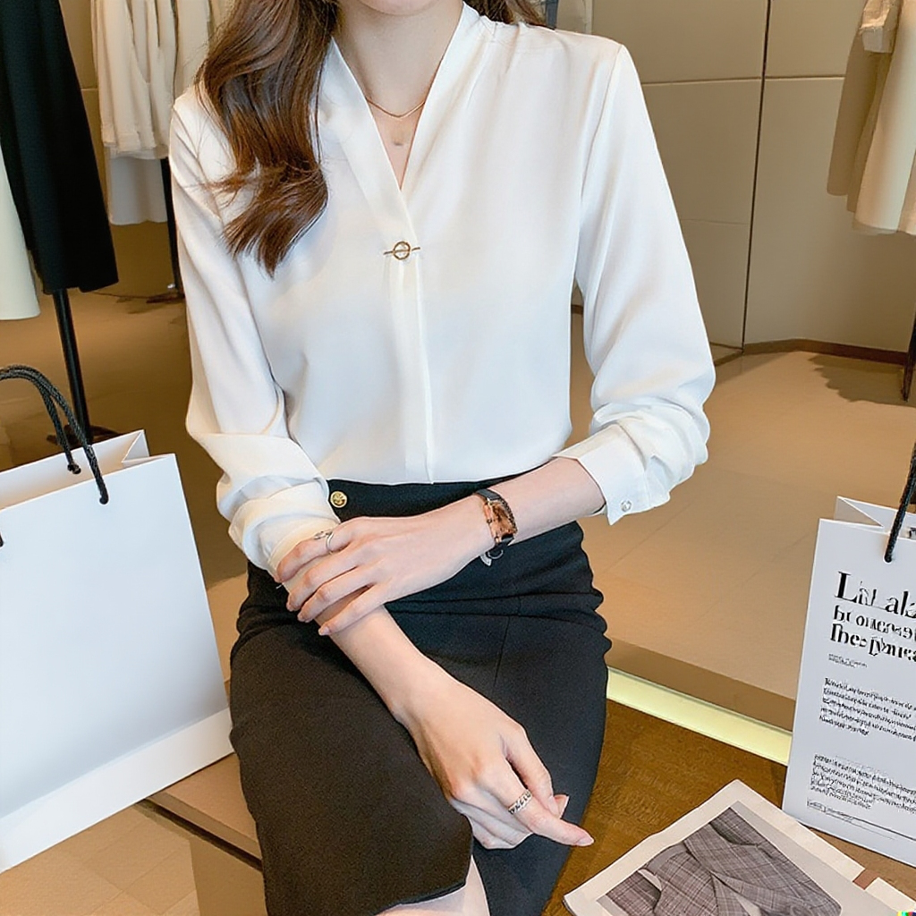 여성 화이트 긴팔 작업복 브이넥 긴팔 셔츠 패션 기질 정장 화이트 셔츠 여