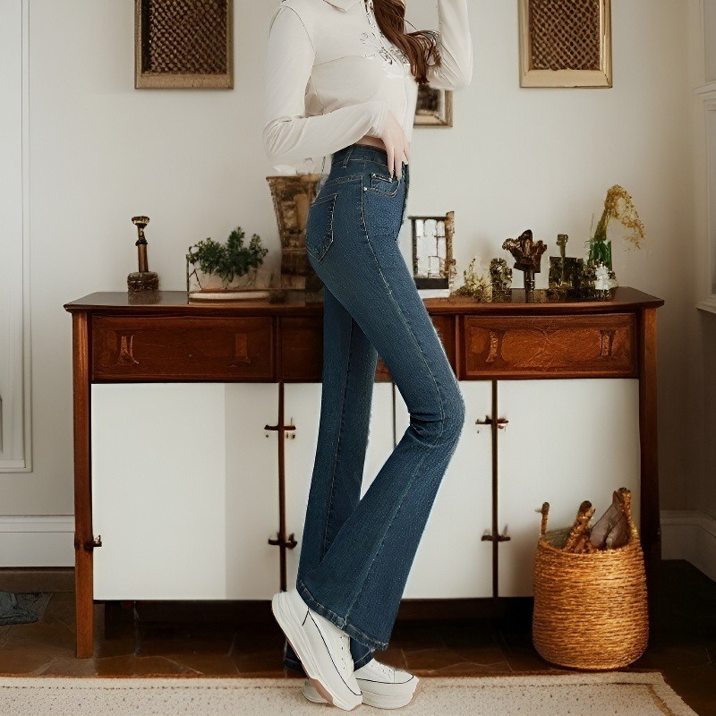 小さめハイウエストワイドジーンズ女性春春スリム細めマイクロフレアワイドパンツ