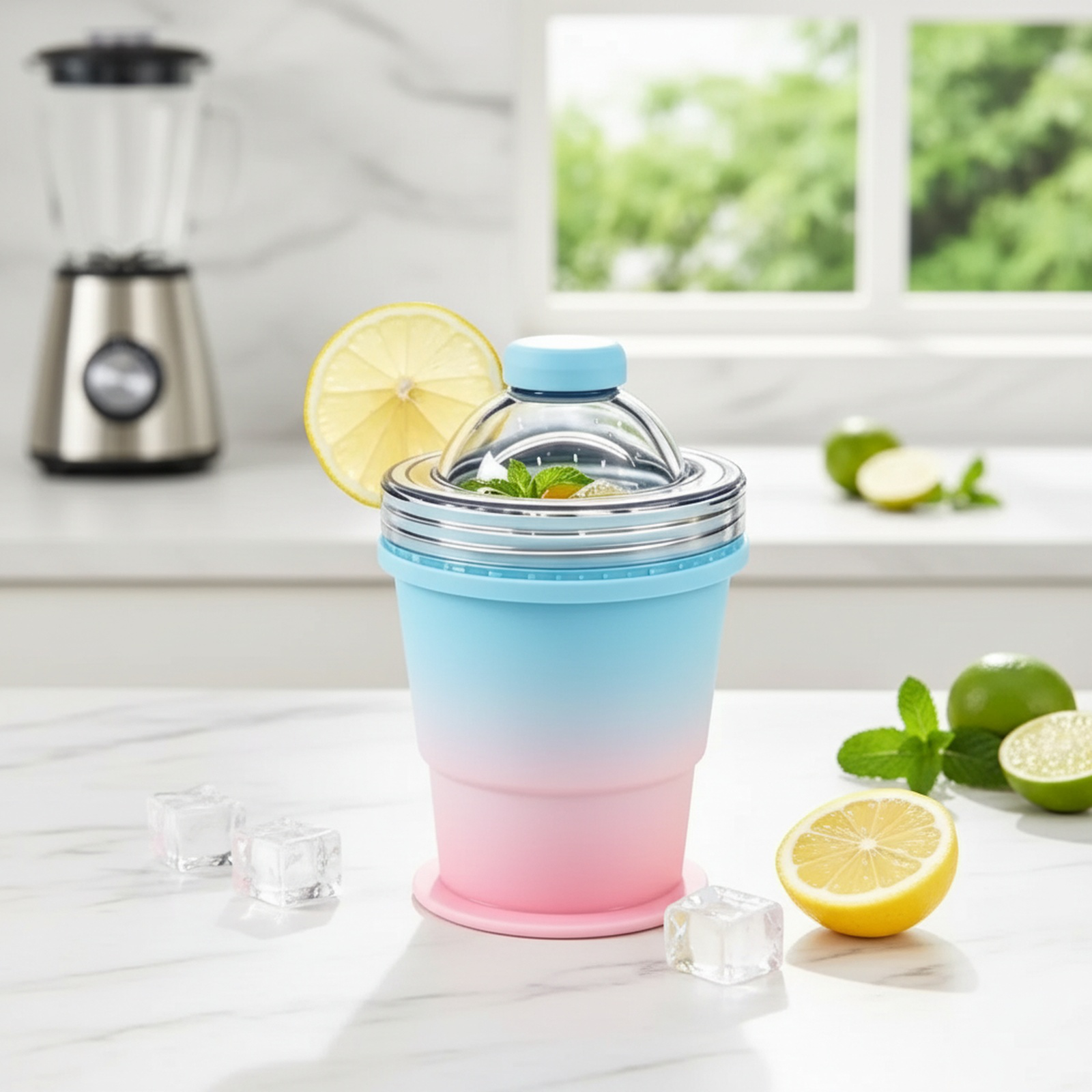 持ち運び可能な折りたたみ式アイスホッケーカップ。ストロー内蔵、食品グレードのシリコン製製氷カップ型付き。夏のアウトドアに最適です。