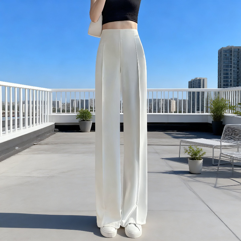 小柄女性向けハイウエストストレートワイドパンツ ヒップアップ サイドジッパー フォーマルカジュアルパンツ