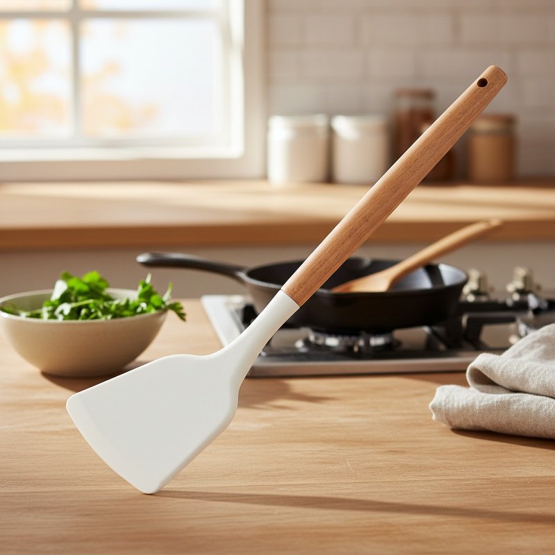 Heat-Resistant Wooden Handle Silicone Kitchenware 3-Piece Set (Soup Spoon, Spatula)