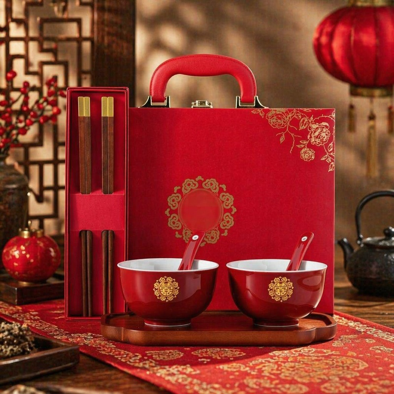 Chinese wedding ceramic wedding bowls a pair of round red wedding dowry bowls and chopsticks set wed