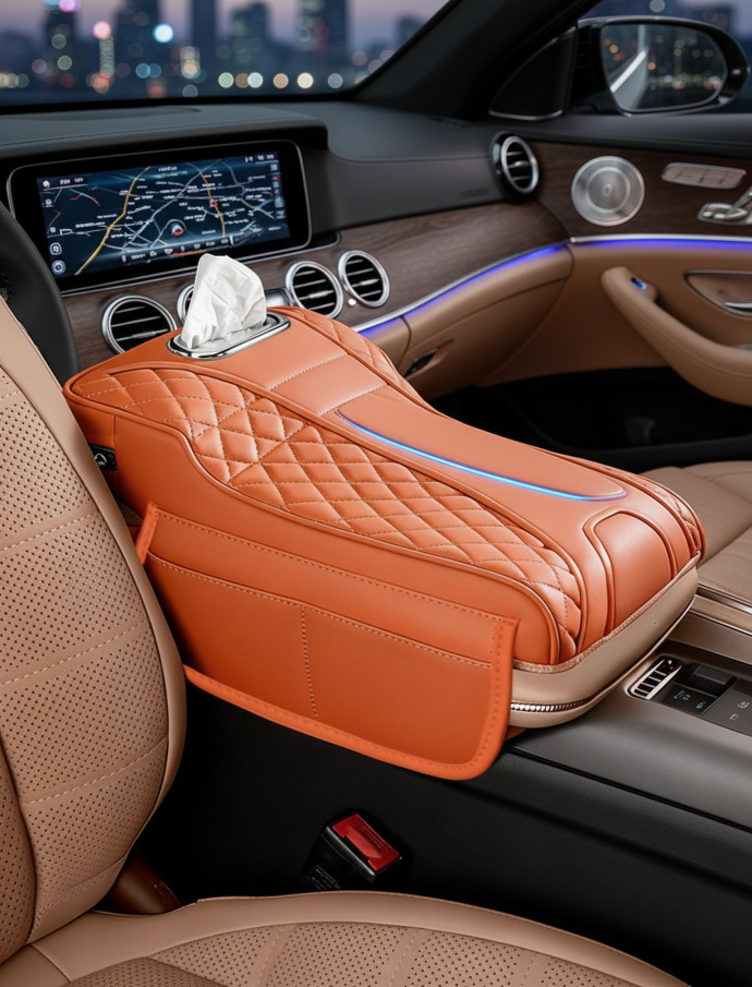 車内で使用中の肘掛けブースターマット