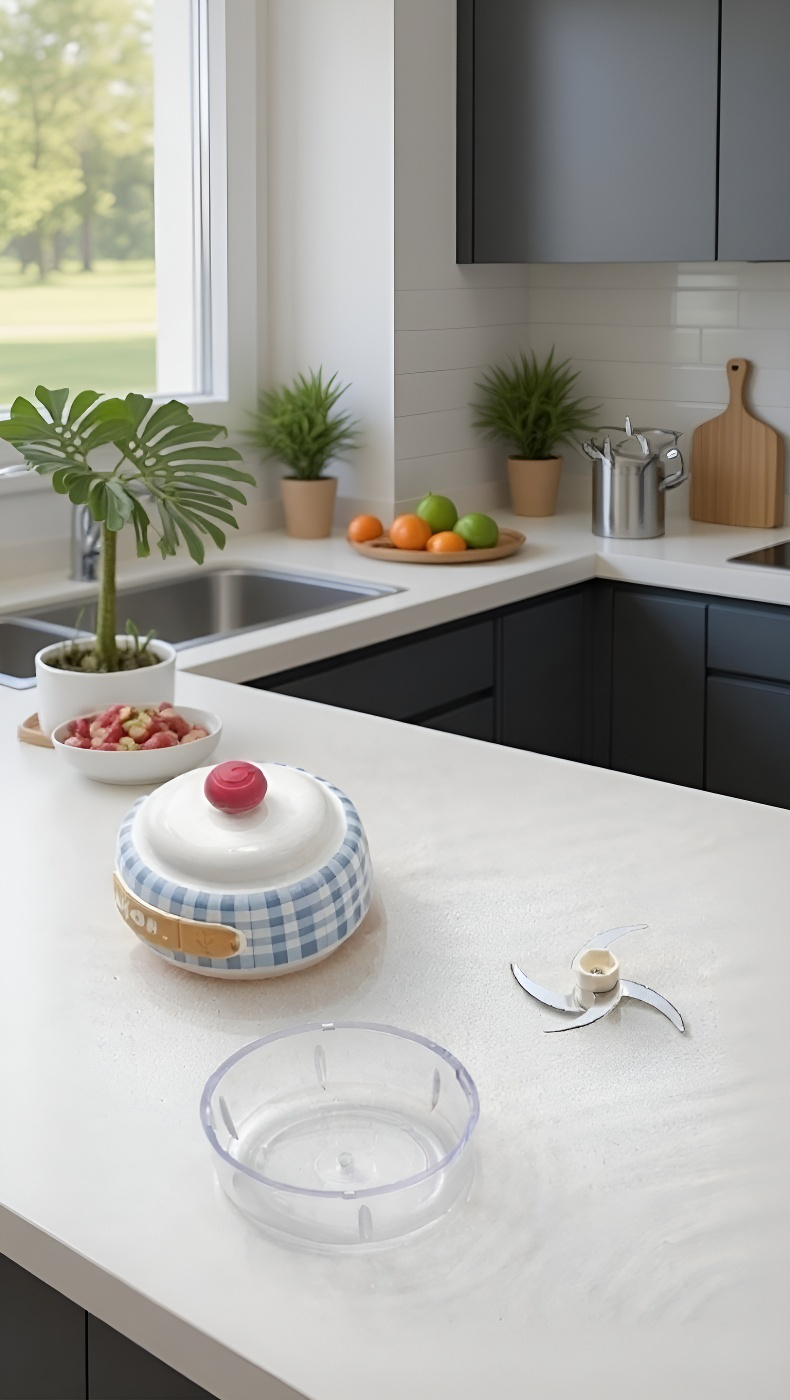 Compact wireless garlic chopper on kitchen counter