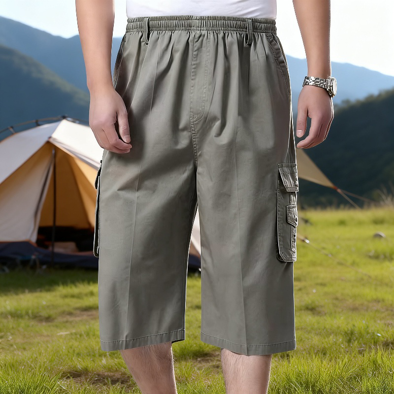 メンズカプリパンツ、中高年男性向けのゆったりとしたカジュアルなカプリパンツ、夏の父親の服装、父親の仕事用ショートパンツ