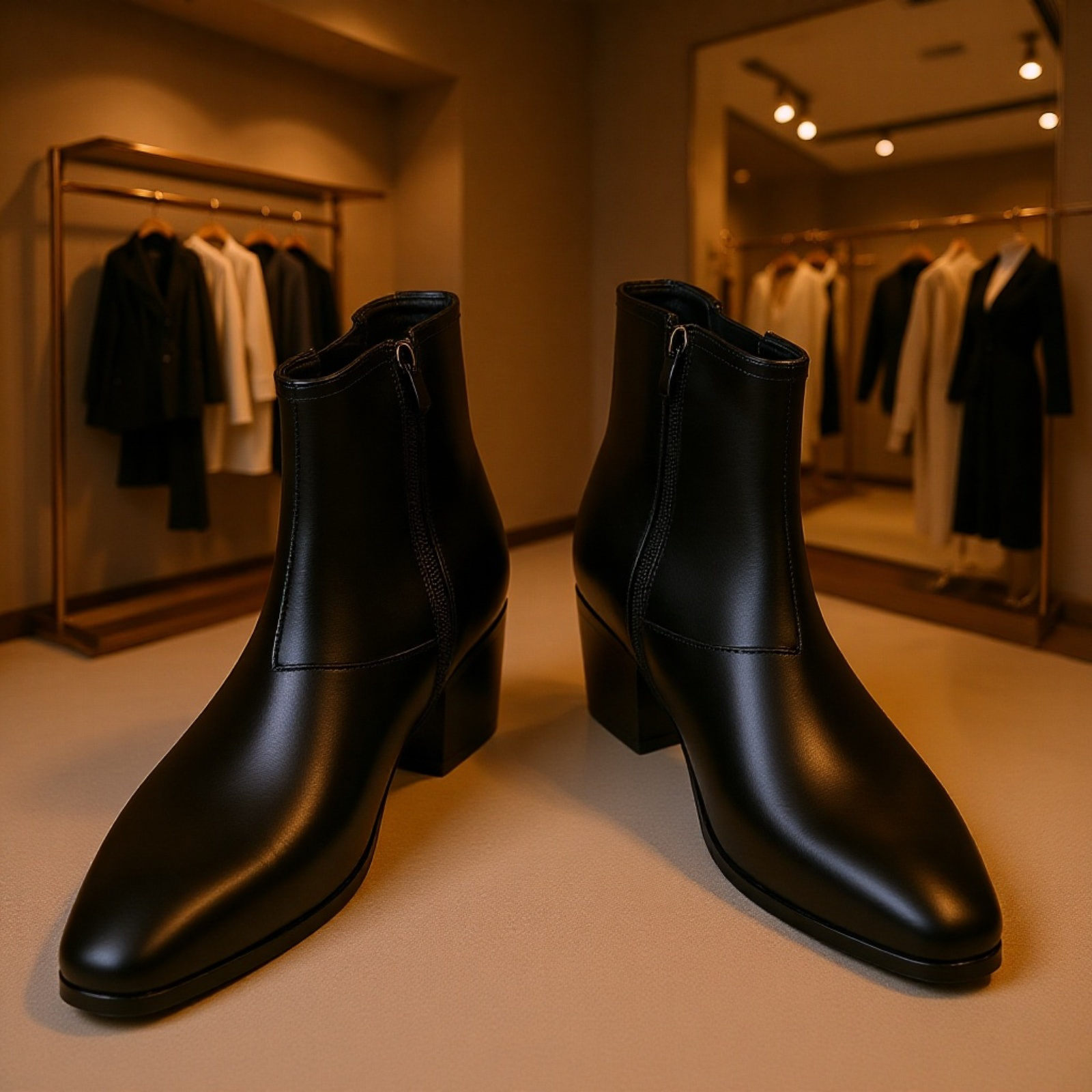 メンズ厚底チェルシーブーツ ファッションハイヒールショートブーツ スクエアトゥハイカットブーツ