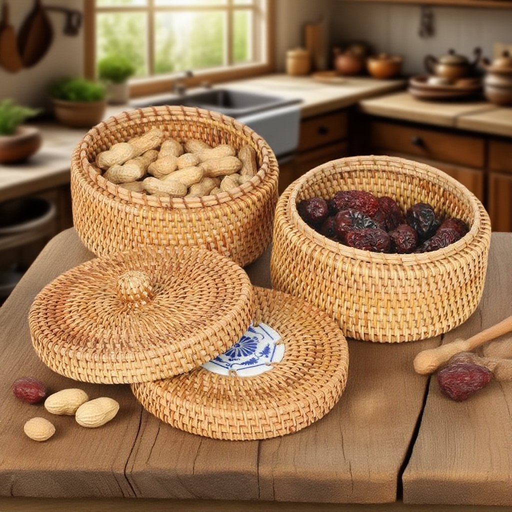 سلة مطبخ من الروطان لتخزين الخضروات والفواكه