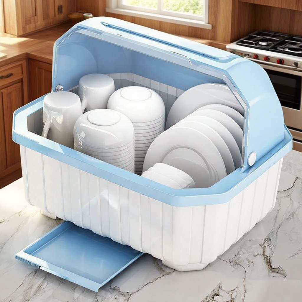 부엌 에는 덮개 식기 와 그릇 쟁반 수납대 가 있다