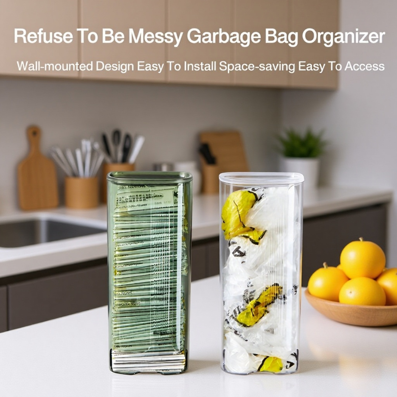 Transparent wall-mounted trash bag storage box installed in kitchen