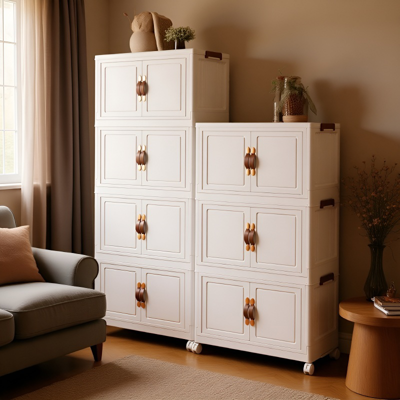 Folding multi-tier portable storage unit with easy settings