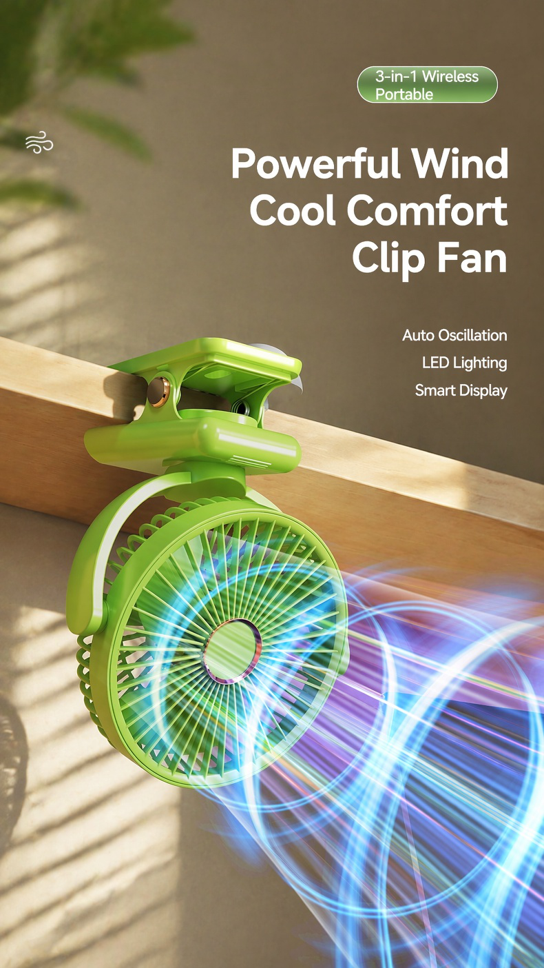 Portable USB silent clip-on fan with digital display on desktop
