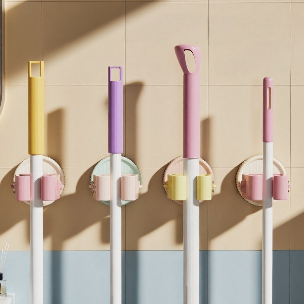 화장실 문 뒤 벽걸이 밀대걸이 편리한 빨판 펀치프리 벽걸이 벽수납 미끄럼방지 밀대걸이 벽수납선반