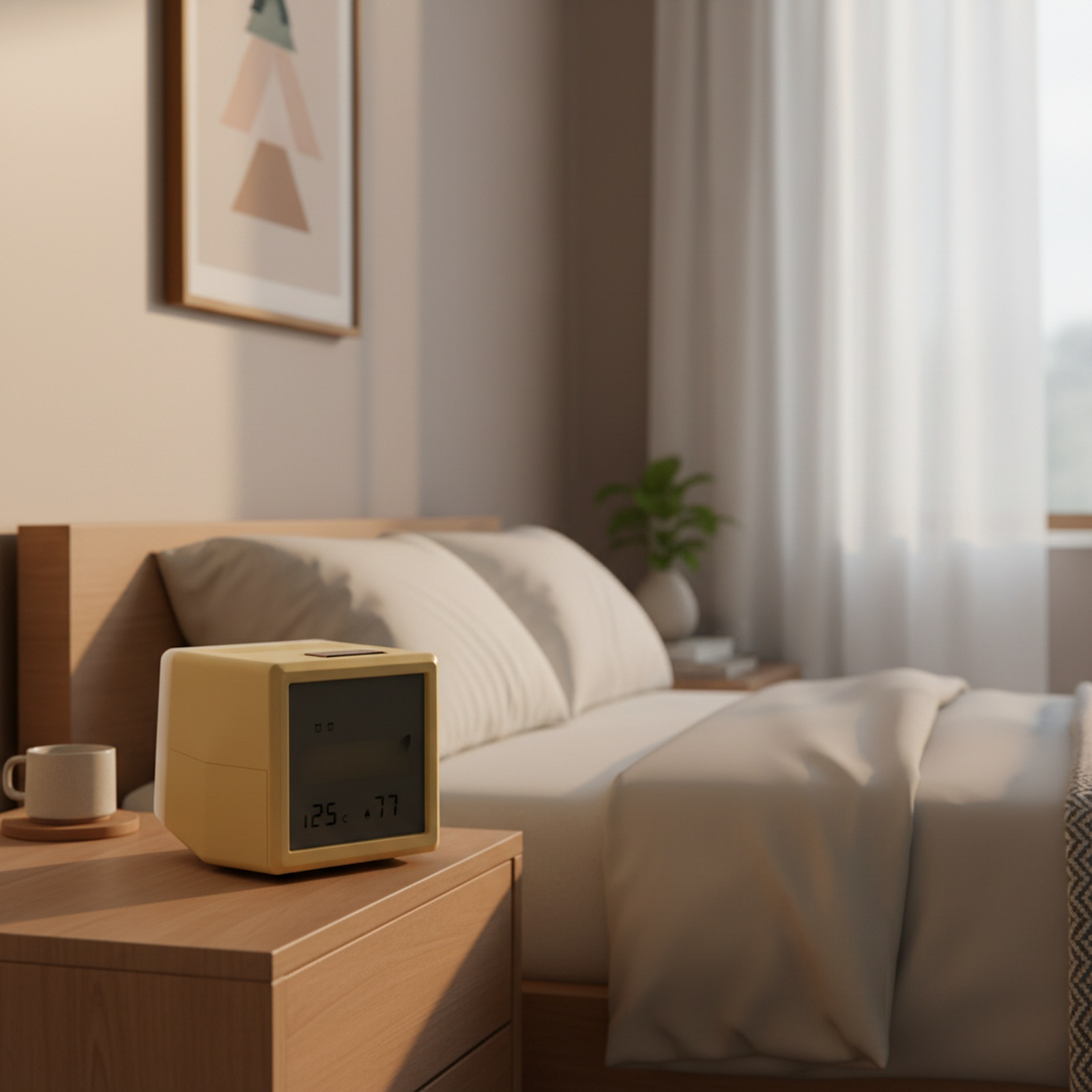 Multifunction seesaw alarm clock with night light and dual alarms on bedside table