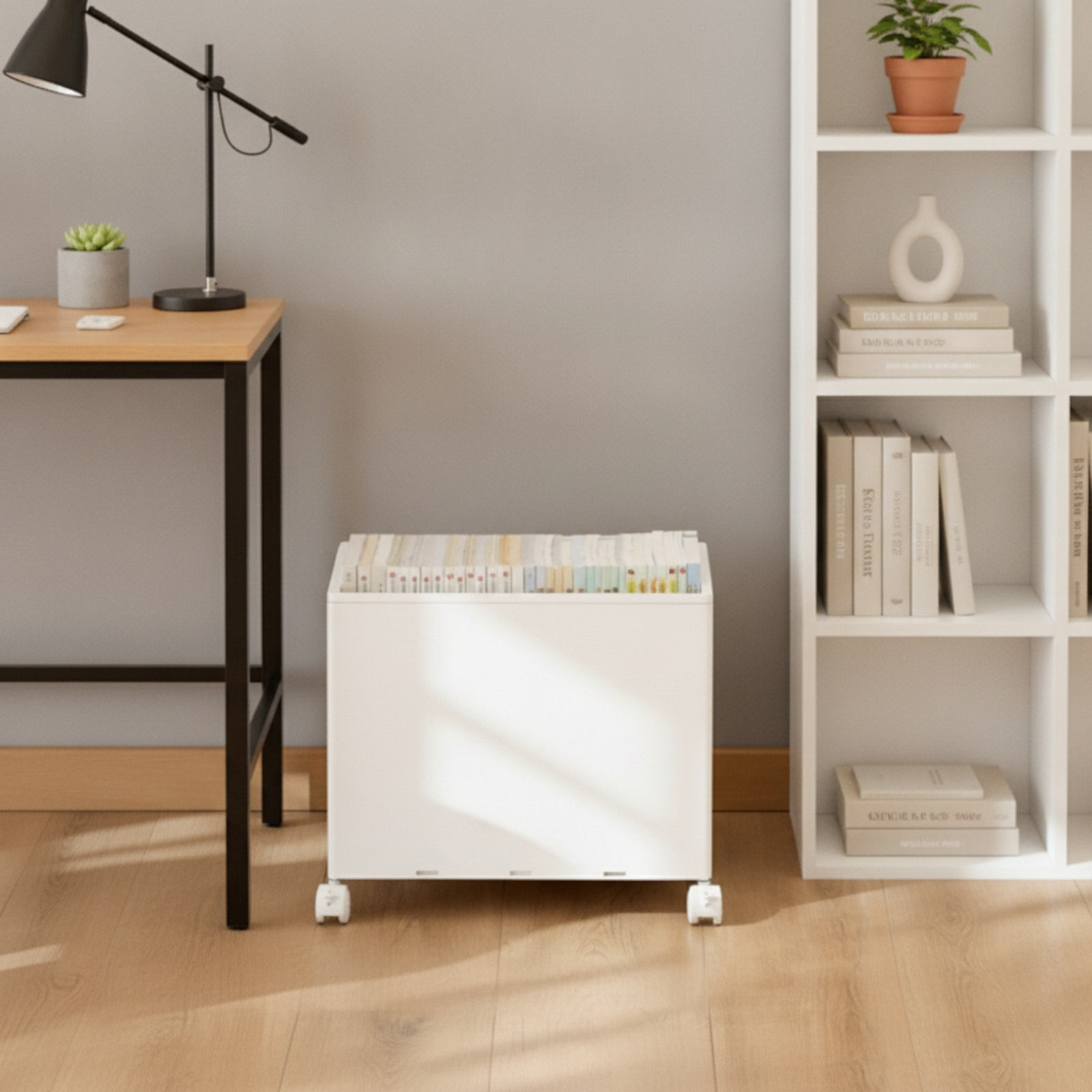 Portable under-desk trolley with wheels and lid for storing books, snacks, and other items; a foldab