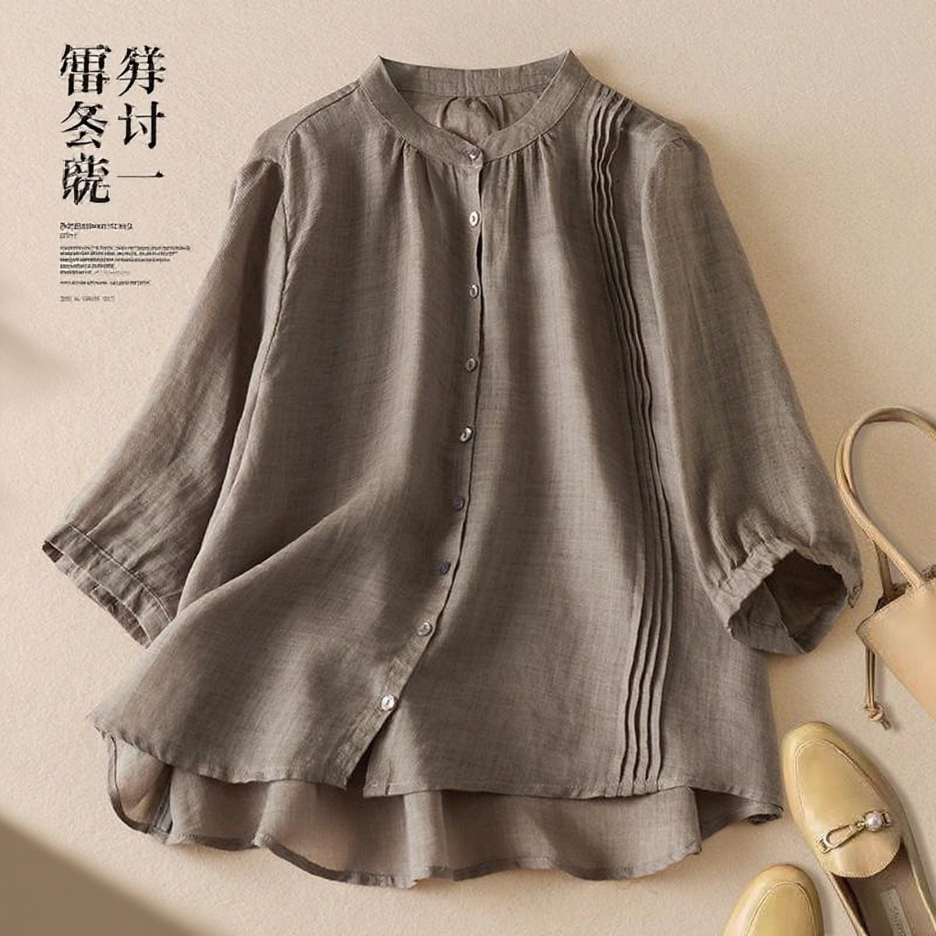 2025 여름 차이나 풍금 주름 면 마 5부 블라우스 여 여름 기질 드러나는 문예 티셔츠 블라우스 여