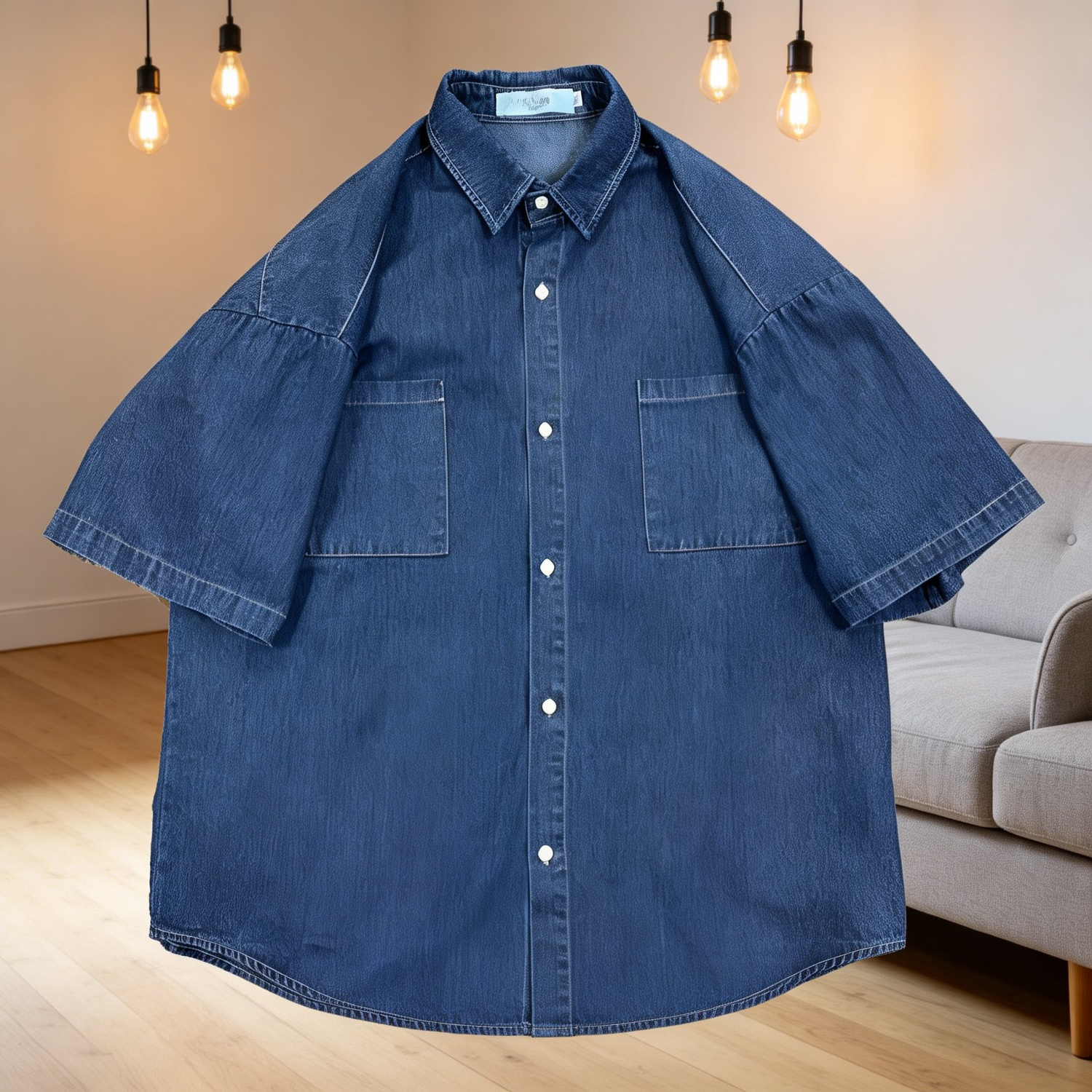 한국풍 루즈핏 커플 데님 반팔 셔츠, 여름 데일리 셔츠