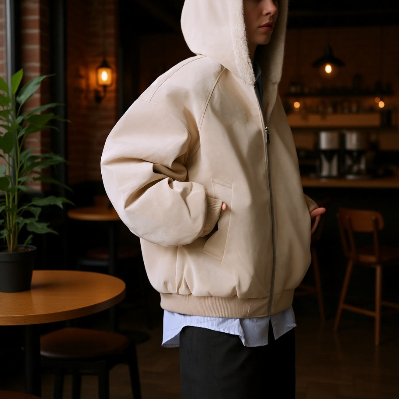 アメリカンスタイルのフリース裏地付きフード付き PU レザージャケット、防風、防寒、メンズ冬用ゆったりコットンパッド入りコート、高級感、厚手で暖かいアウターウェア。