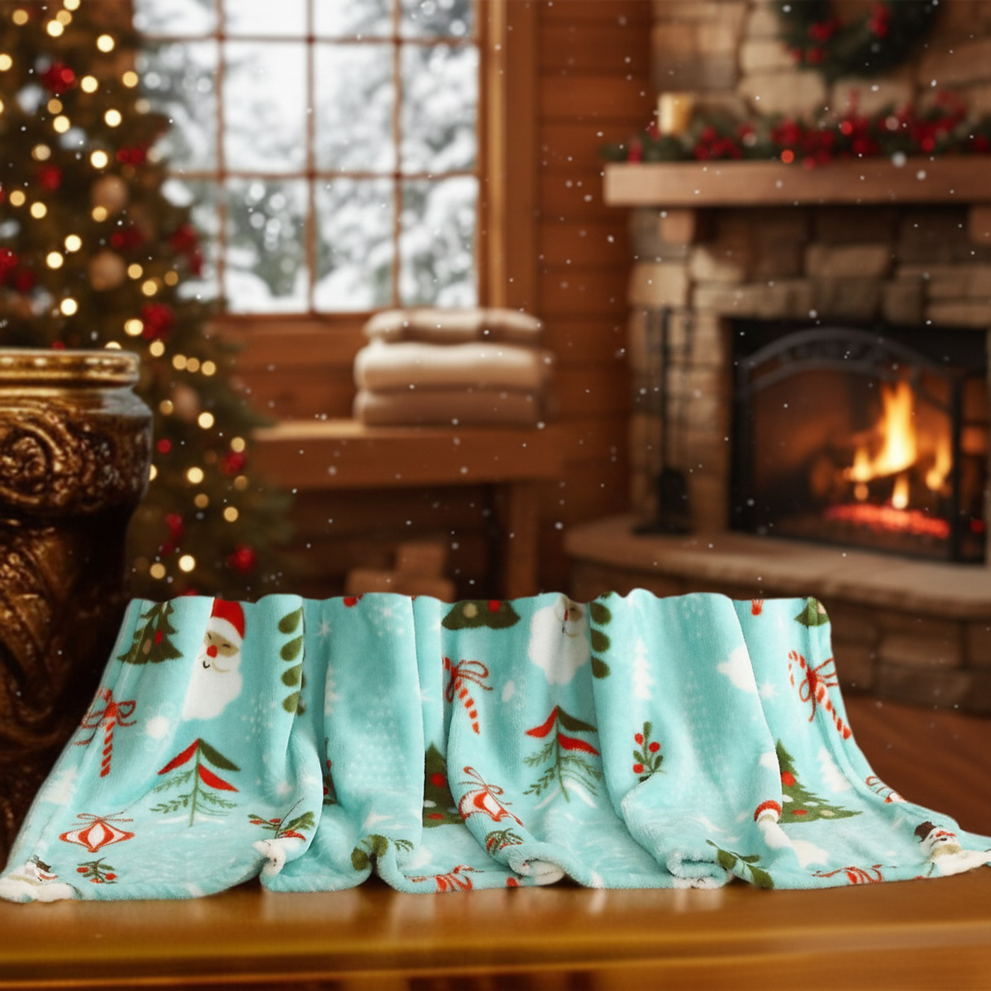 Christmas-themed flannel throw blanket in festive living room