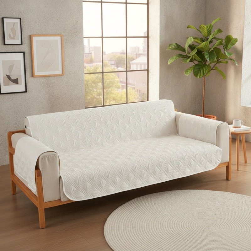 Living room couch with full cover sofa protector