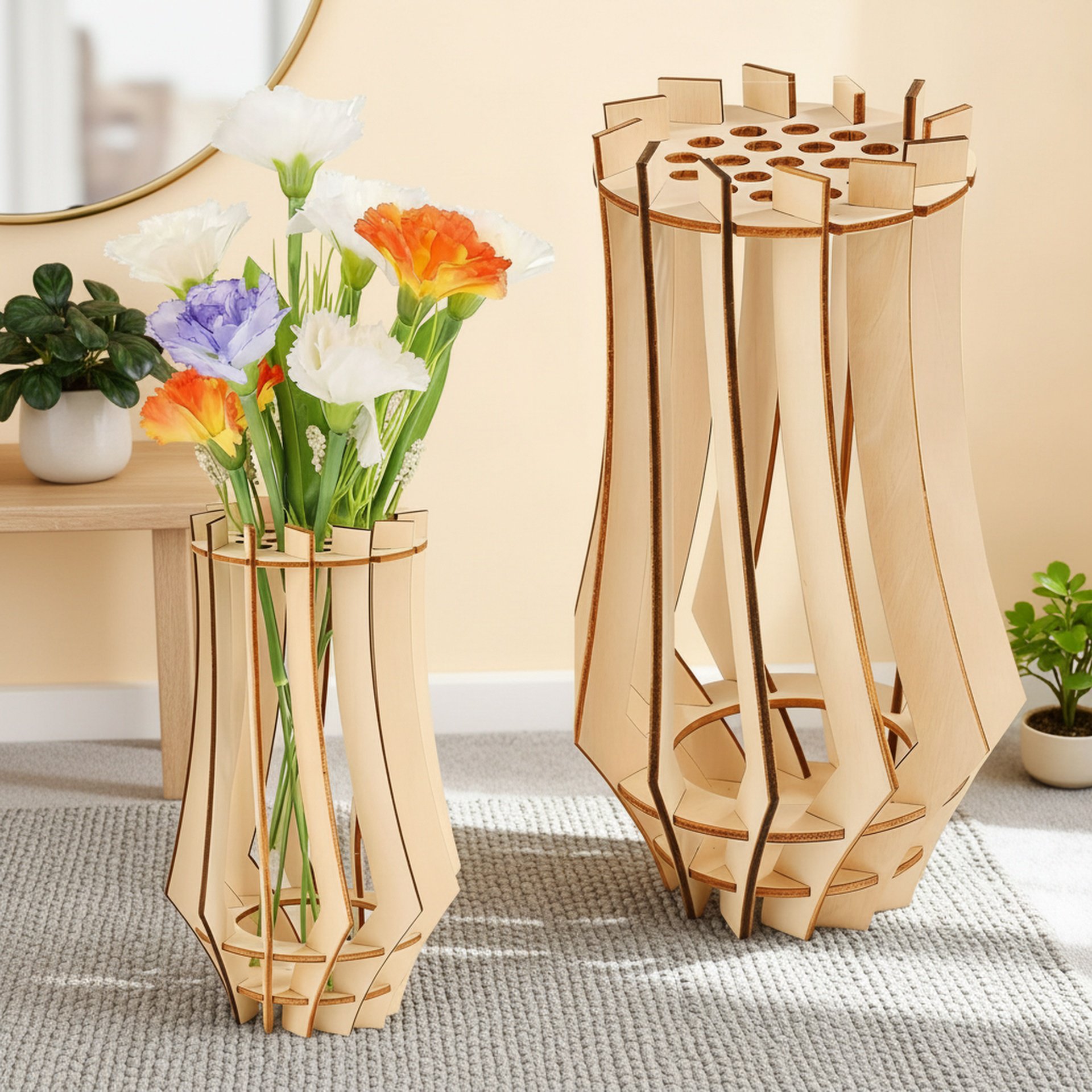 Moderne Blumenvase aus Holz als Bürodekoration