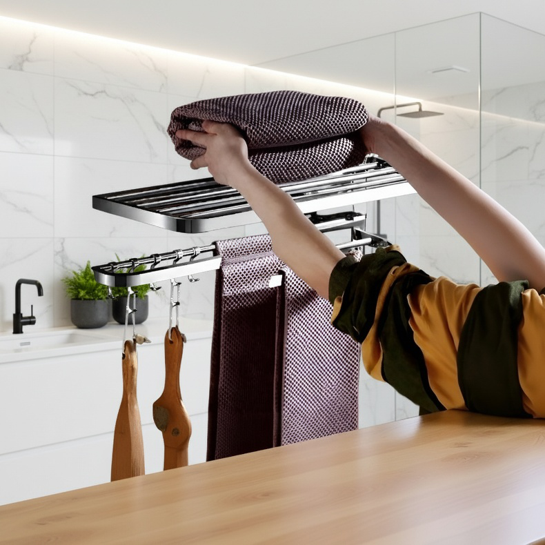 Space-saving towel rack with multiple bars for towels