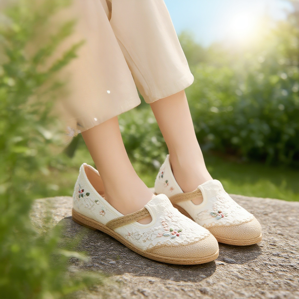 レディース綿麻布製フラットシューズ スリッポン